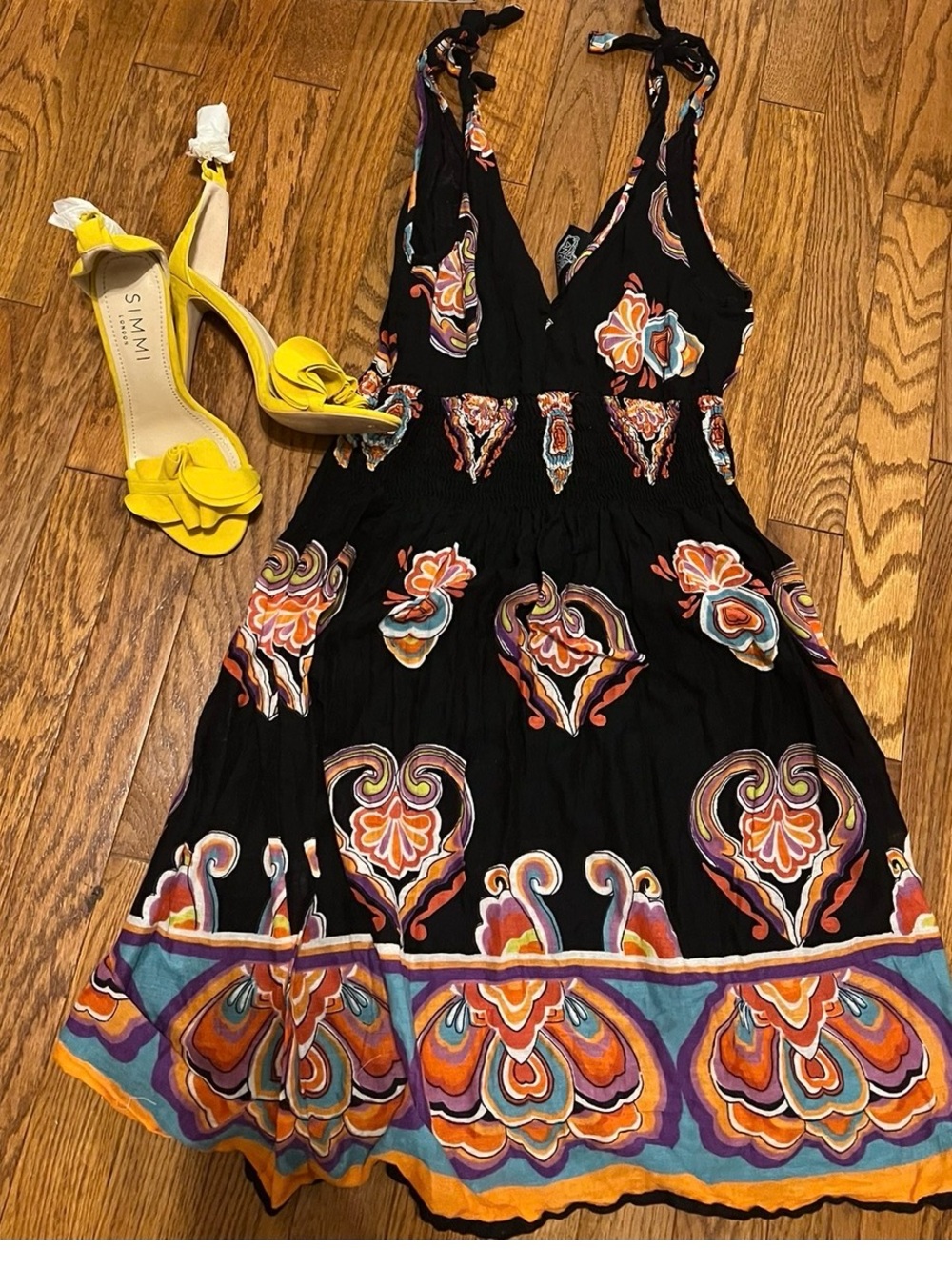Angie Bohemian Black Floral V-Neck Sundress with Multicolor Print